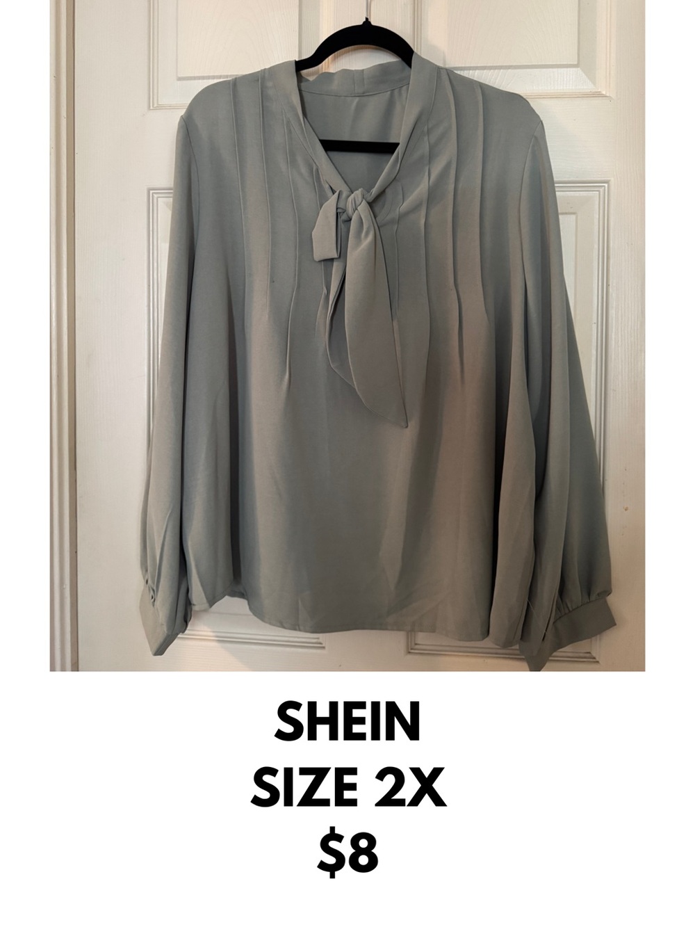 SHEIN Light Sage Tie-Neck Long Sleeve Blouse